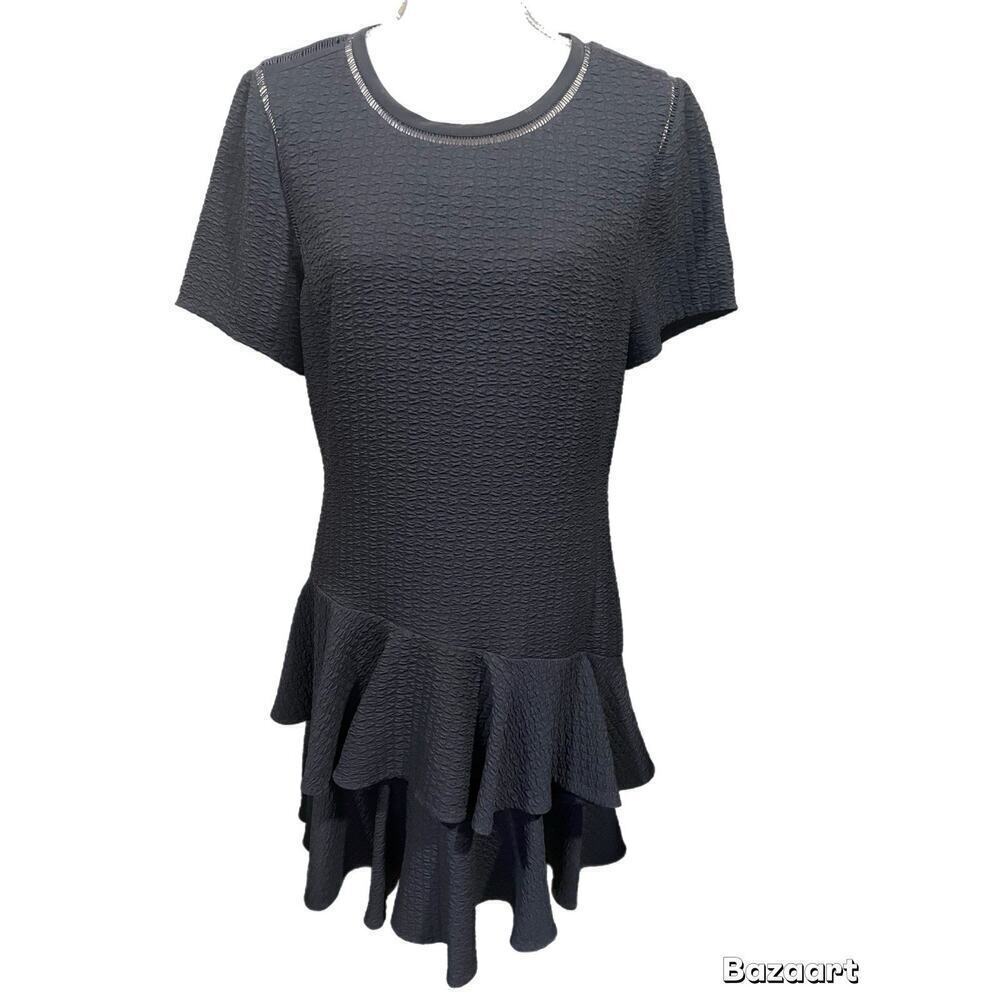 Rebecca Taylor Dress Size 12 Navy Blue Short Sleeve Zip Up Back Lined Ruffled - Picture 2 of 8